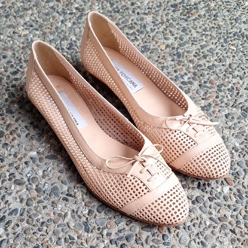 Vintage Bella Toscana Italy Peach Cutout Lace-up Leather Ballet Flats Size 8